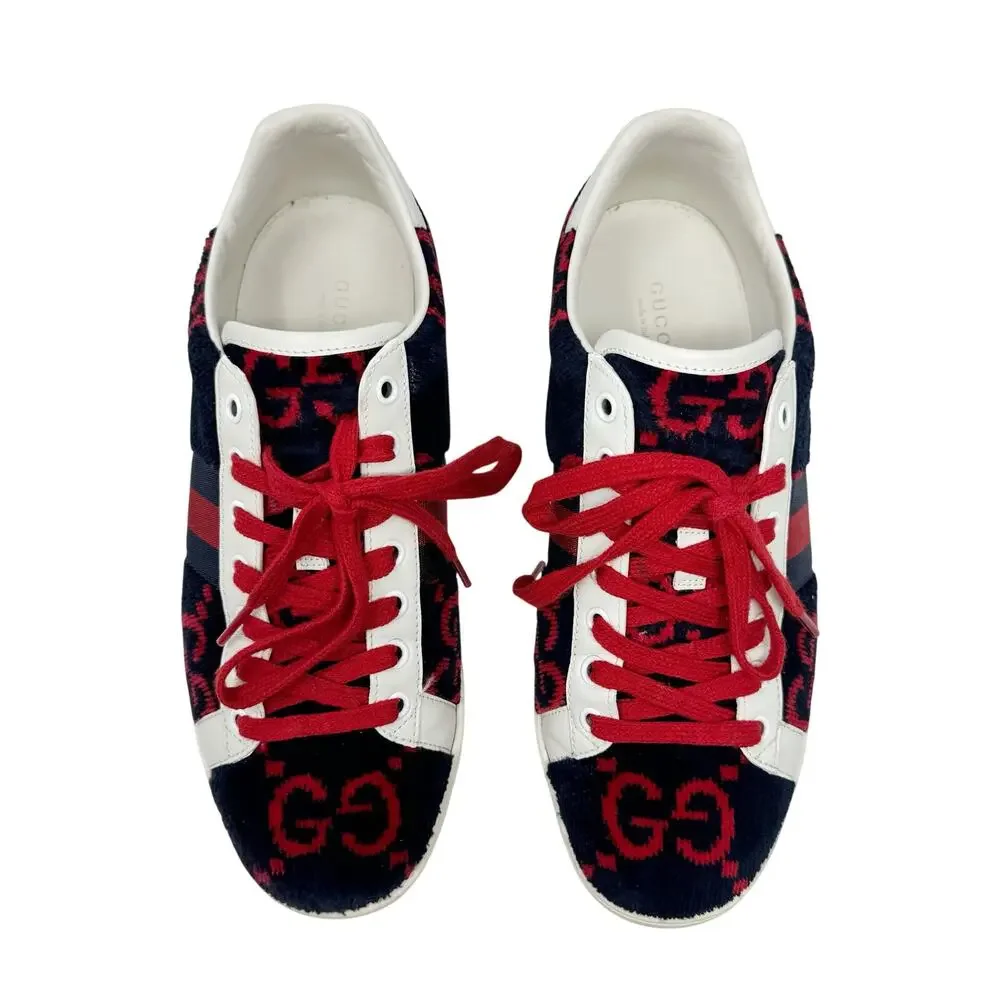 Gucci Ace GG Fabric Sneakers Navy Red Monogram Web Stripe Low Top Women’s 39 - Picture 3 of 11